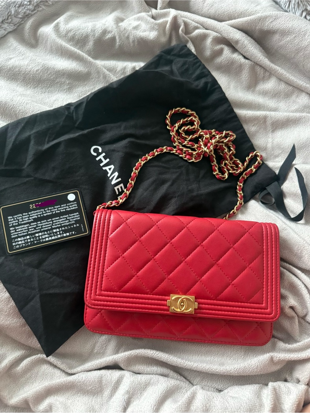 CHANEL Red Quilted Lambskin Boy Wallet On Chain with Gold Chain